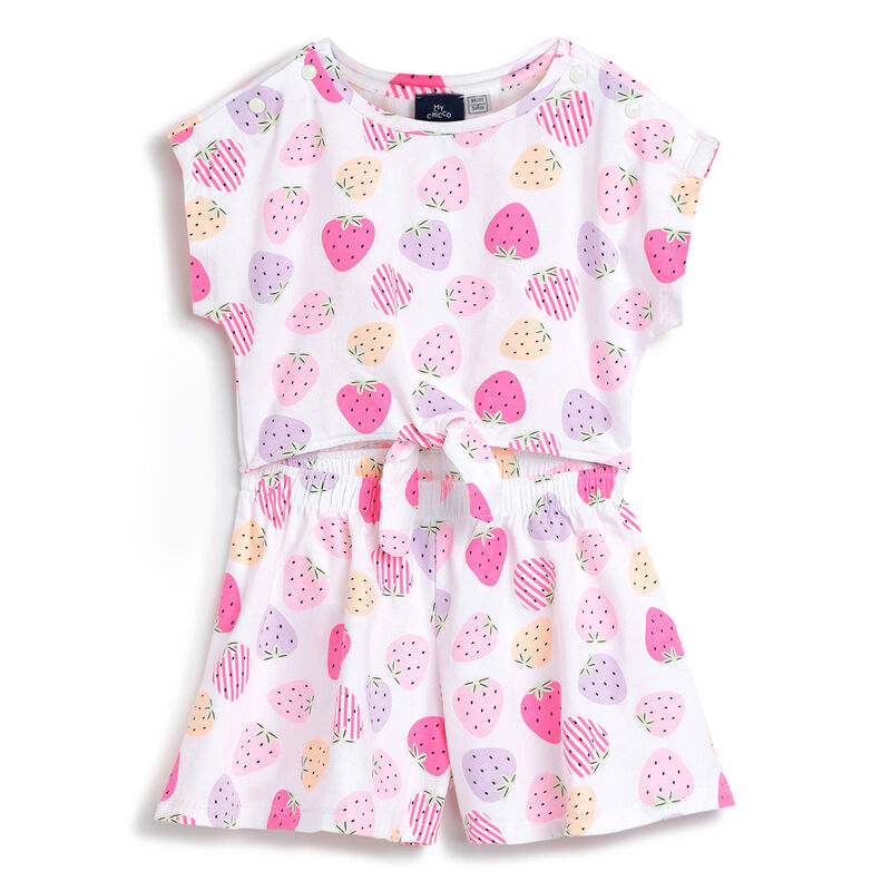 Girls Pink Strawberry Printed Short Dungaree image number 0